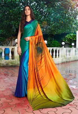 Blue printed Satin saree with blouse 2