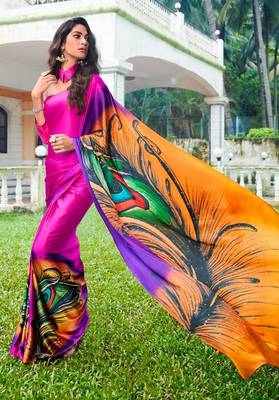 Purple printed Satin saree with blouse 1