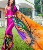 Purple printed Satin saree with blouse