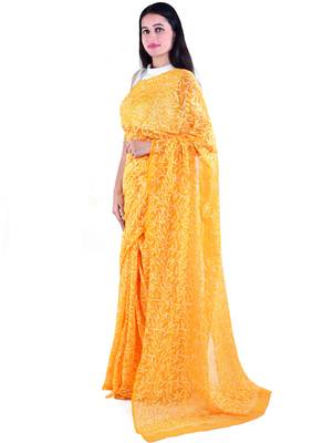 Mustard Hand Embroidered Lucknow Chikan Tepchi WorK Faux Georgette Saree with Blouse 3