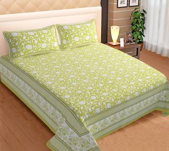 Light Green Flower Print Cotton King Size Bedsheet with 2 Pillow Cover 1