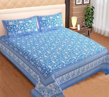 Blue Flower Print Cotton King Size Bedsheet with 2 Pillow Cover 1