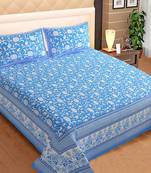 Blue Flower Print Cotton King Size Bedsheet with 2 Pillow Cover