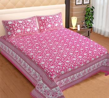Pink Flower Print Cotton King Size Bedsheet with 2 Pillow Cover 1