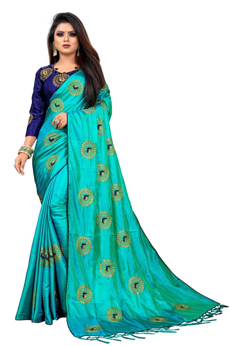 Light blue embroidered silk saree with blouse