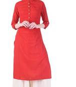 Women's  Red Cotton Slub Solid Straight Kurta