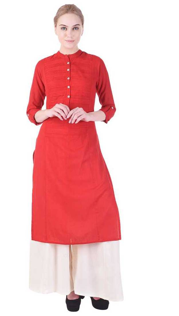 Women's  Red Cotton Slub Solid Straight Kurta