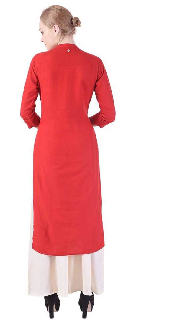 Women's  Red Cotton Slub Solid Straight Kurta