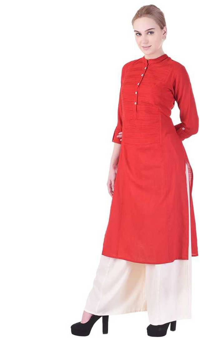 Women's  Red Cotton Slub Solid Straight Kurta