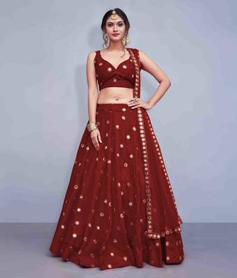 Maroon embroidered Art Silk semi stitched lehenga 1