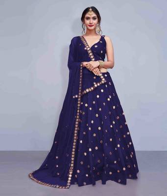Navy-blue embroidered Art Silk semi stitched lehenga 1
