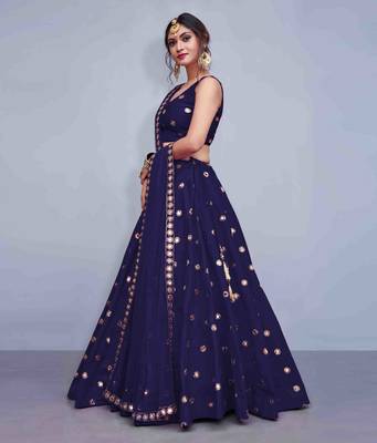 Navy-blue embroidered Art Silk semi stitched lehenga 2
