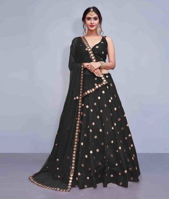 Black embroidered Art Silk semi stitched lehenga 2