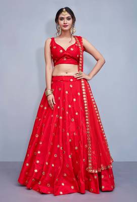 Red embroidered Art silk semi stitched lehenga 1