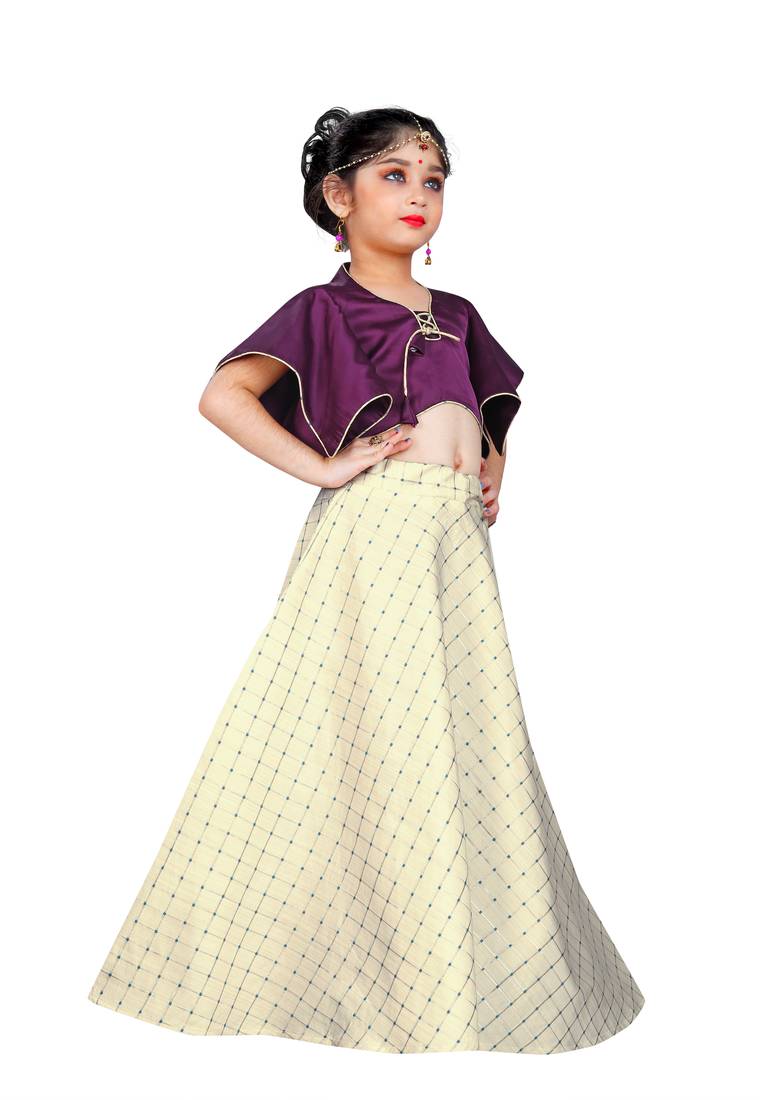 Kids Purple Blouse And White Lehenga Choli For Girls 