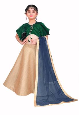 Kids Green Blouse And Golden Lehenga Choli For Girls  1