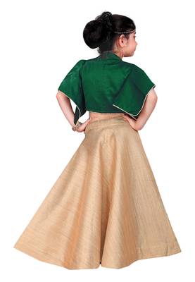 Kids Green Blouse And Golden Lehenga Choli For Girls  2