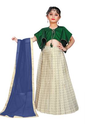 Kids Green Blouse And White Lehenga Choli For Girls  1