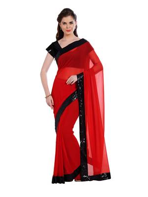 Red plain georgette saree with blouse 1