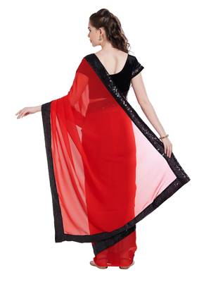 Red plain georgette saree with blouse 2