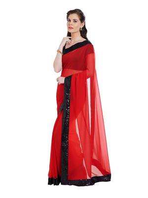 Red plain georgette saree with blouse 3