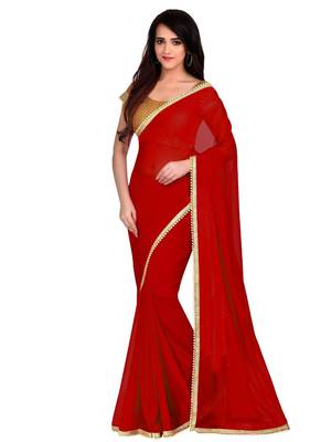 Red plain georgette saree with blouse 1