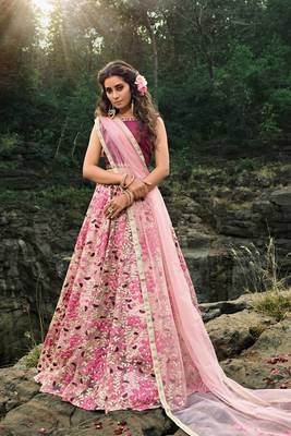 Light Pink And Wine Thread And Zari Embroidered Net Semi Stitched Bridal Lehenga 1