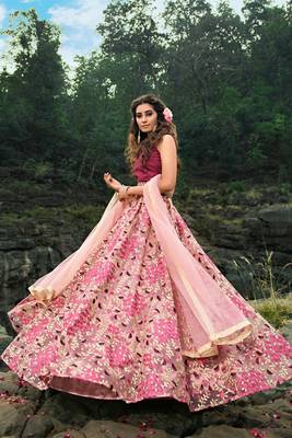 Light Pink And Wine Thread And Zari Embroidered Net Semi Stitched Bridal Lehenga 2