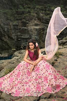Light Pink And Wine Thread And Zari Embroidered Net Semi Stitched Bridal Lehenga 3