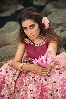 Light Pink And Wine Thread And Zari Embroidered Net Semi Stitched Bridal Lehenga 4