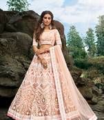 PEACH THREAD EMBROIDERY NET SEMI STITCHED LEHENGA