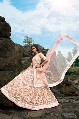 PEACH THREAD EMBROIDERY NET SEMI STITCHED LEHENGA 2