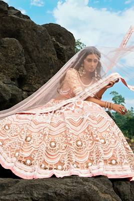 PEACH THREAD EMBROIDERY NET SEMI STITCHED LEHENGA 3