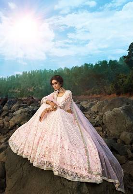 CAPTIVATING LIGHT PINK SEQUINS, ZARI, AND THREAD EMBROIDERY NET SEMI STITCHED WEDDING LEHENGA 2