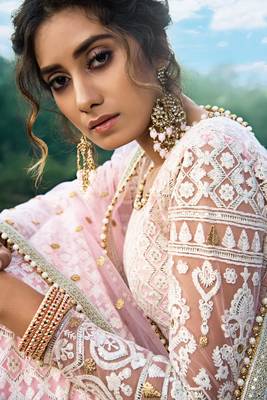 CAPTIVATING LIGHT PINK SEQUINS, ZARI, AND THREAD EMBROIDERY NET SEMI STITCHED WEDDING LEHENGA 4