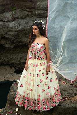 ENGAGING OFF-WHITE SEQUINS AND THREAD EMBROIDERED NET SEMI STITCHED BRIDAL LEHENGA 1