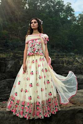 ENGAGING OFF-WHITE SEQUINS AND THREAD EMBROIDERED NET SEMI STITCHED BRIDAL LEHENGA 3
