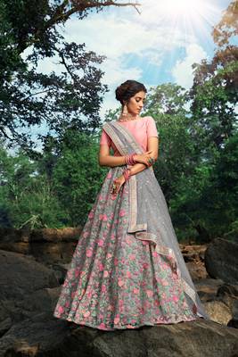 PLEASANT GREY SEQUINS, ZARI, AND THREAD EMBROIDERY NET SEMI STITCHED WEDDING LEHENGA 1
