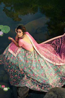 EXQUISITE PISTA GREEN SEQUINS, ZARI, AND THREAD EMBROIDERY NET SEMI STITCHED BRIDAL LEHENGA 2