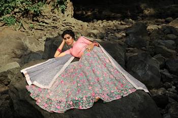 PLEASANT GREY SEQUINS, ZARI, AND THREAD EMBROIDERY NET SEMI STITCHED WEDDING LEHENGA 2