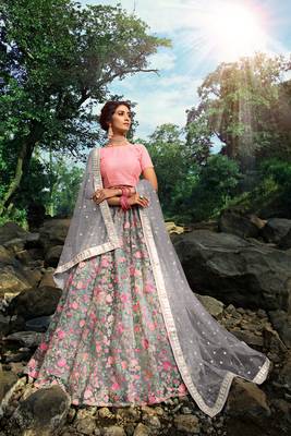 PLEASANT GREY SEQUINS, ZARI, AND THREAD EMBROIDERY NET SEMI STITCHED WEDDING LEHENGA 3