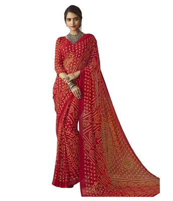 Red printed Chiffon saree with blouse 1
