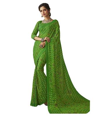 Green printed Chiffon saree with blouse 1