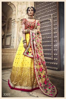 YELLOW & RED ZARI, SEQUINS AND THREAD EMBROIDERED NET SEMI STITCHED WEDDING LEHENGA 1
