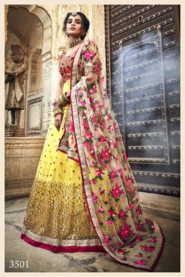 YELLOW & RED ZARI, SEQUINS AND THREAD EMBROIDERED NET SEMI STITCHED WEDDING LEHENGA 2