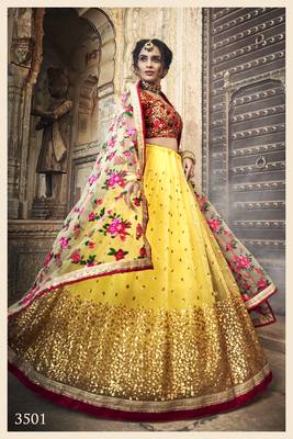 YELLOW & RED ZARI, SEQUINS AND THREAD EMBROIDERED NET SEMI STITCHED WEDDING LEHENGA 3