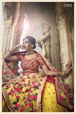 YELLOW & RED ZARI, SEQUINS AND THREAD EMBROIDERED NET SEMI STITCHED WEDDING LEHENGA 4