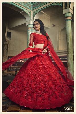 GLORIOUS RED ZARKAN AND DORI EMBROIDERED NET SEMI STITCHED BRIDAL LEHENGA 2