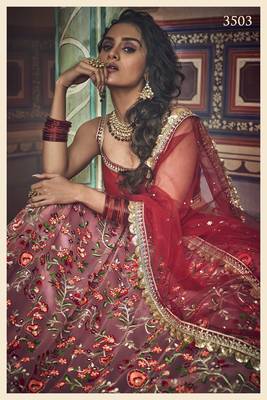 Red Zari And Thread Embroidered Net Semi Stitched Wedding Lehenga 2