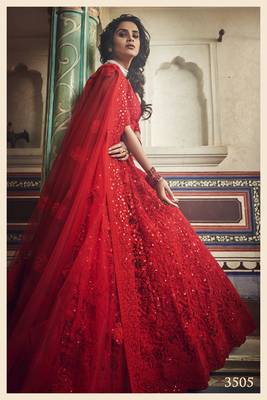 GLORIOUS RED ZARKAN AND DORI EMBROIDERED NET SEMI STITCHED BRIDAL LEHENGA 3